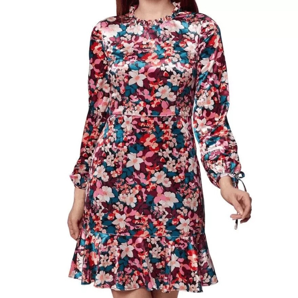 Bcbgeneration Velvet Floral Print Ruffle Trim Colorful Mini Dress‎ Size 4 - Picture 2 of 13